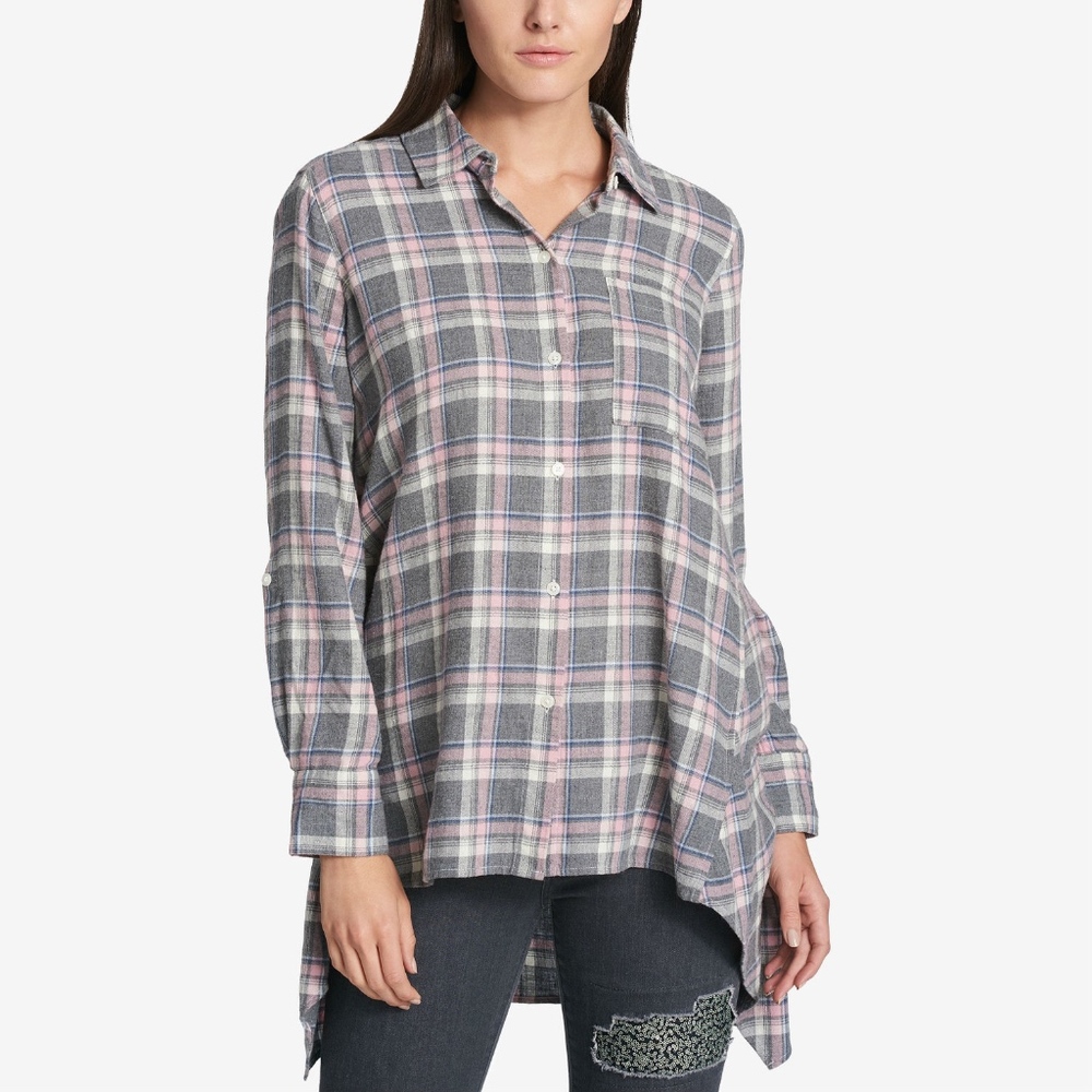 DKNY Cotton Plaid High Low Tunic Button Down Shirt